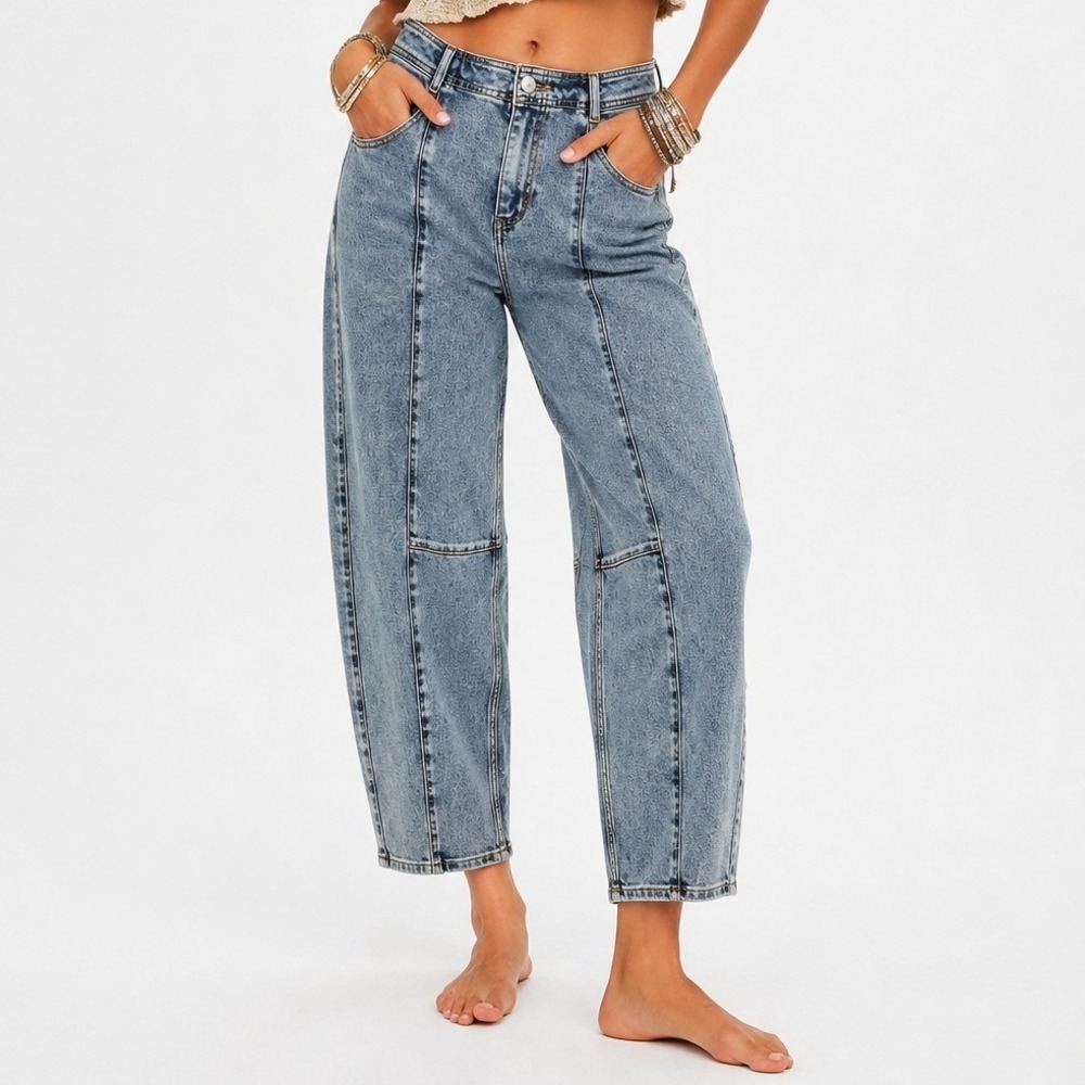 LOGO Lori Goldstein Barrel Leg Jeans Blue Acid Wash Cropped Seamed Denim 12